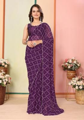 Purple Printed Georgette Pre Stitched Saree