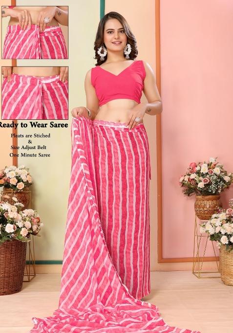 Pink Printed Georgette Pre Stitched Saree