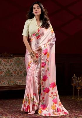 Light Pink Printed  Silk Saree Set