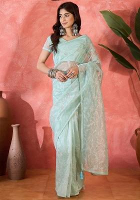 Sea Green Embroidered Organza Saree Set