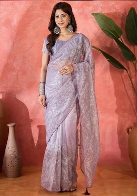Lavender Embroidered Organza Saree Set
