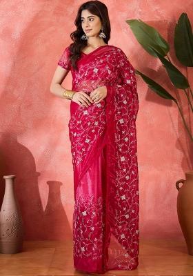 Red Embroidered Organza Saree Set