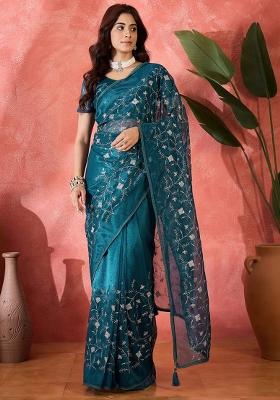 Aqua Blue Embroidered Organza Saree Set