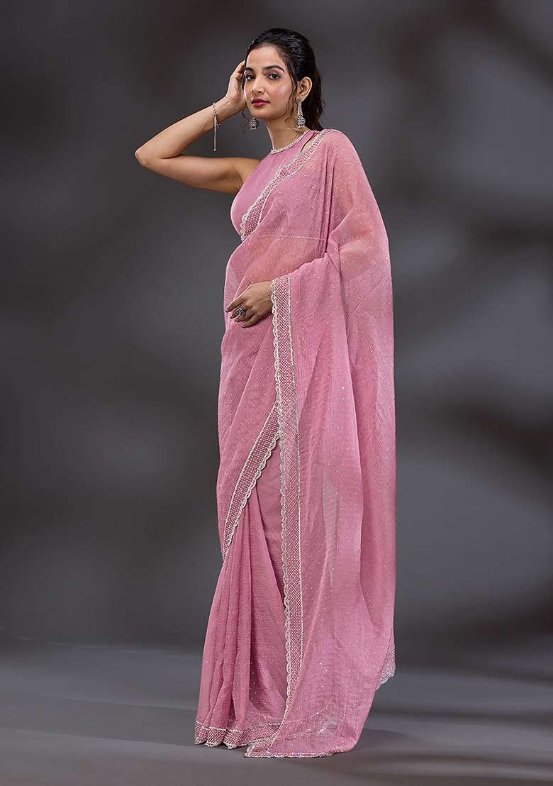 Pink Embroidered Art Silk Saree Set - Indya