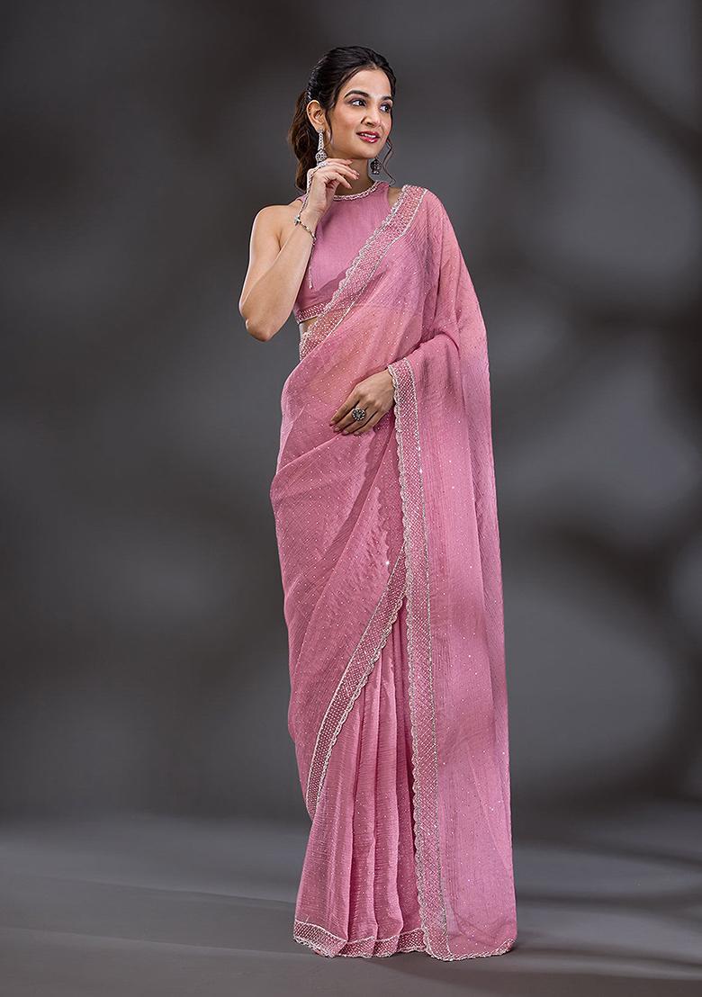 Pink Embroidered Art Silk Saree Set