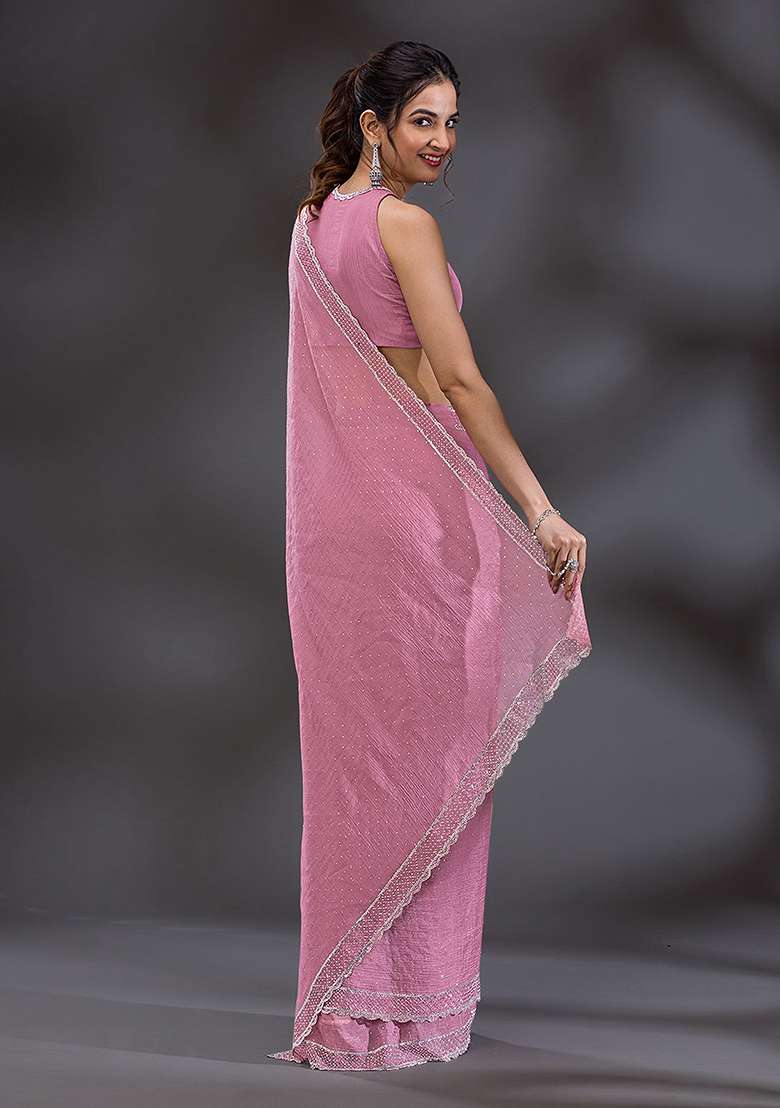Pink Embroidered Art Silk Saree Set - Indya