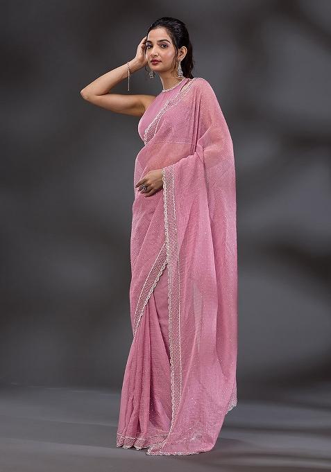 Pink Embroidered Art Silk Saree Set