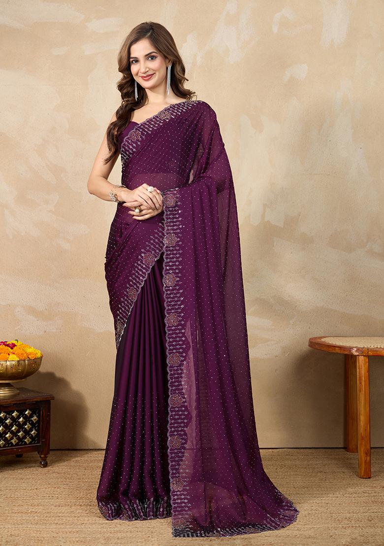 Purple Embroidered Silk Blend Saree Set