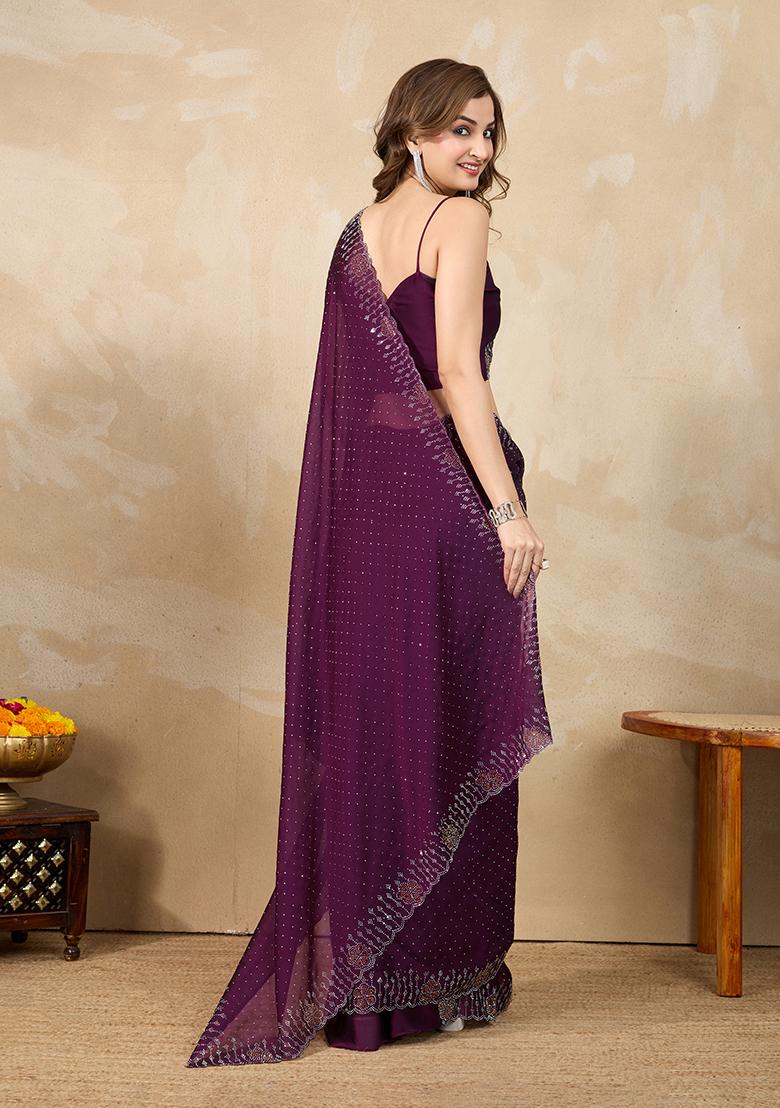 Purple Embroidered Silk Blend Saree Set