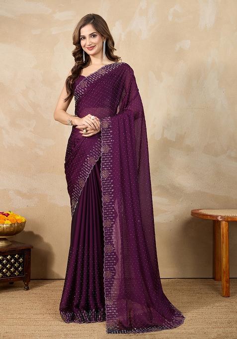 Purple Embroidered Silk Blend Saree Set