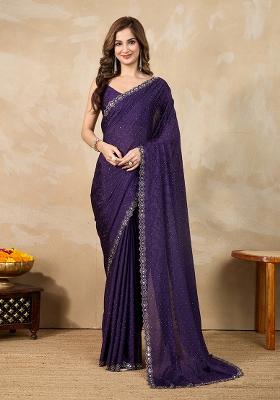 Purple Embroidered Art Silk Saree Set