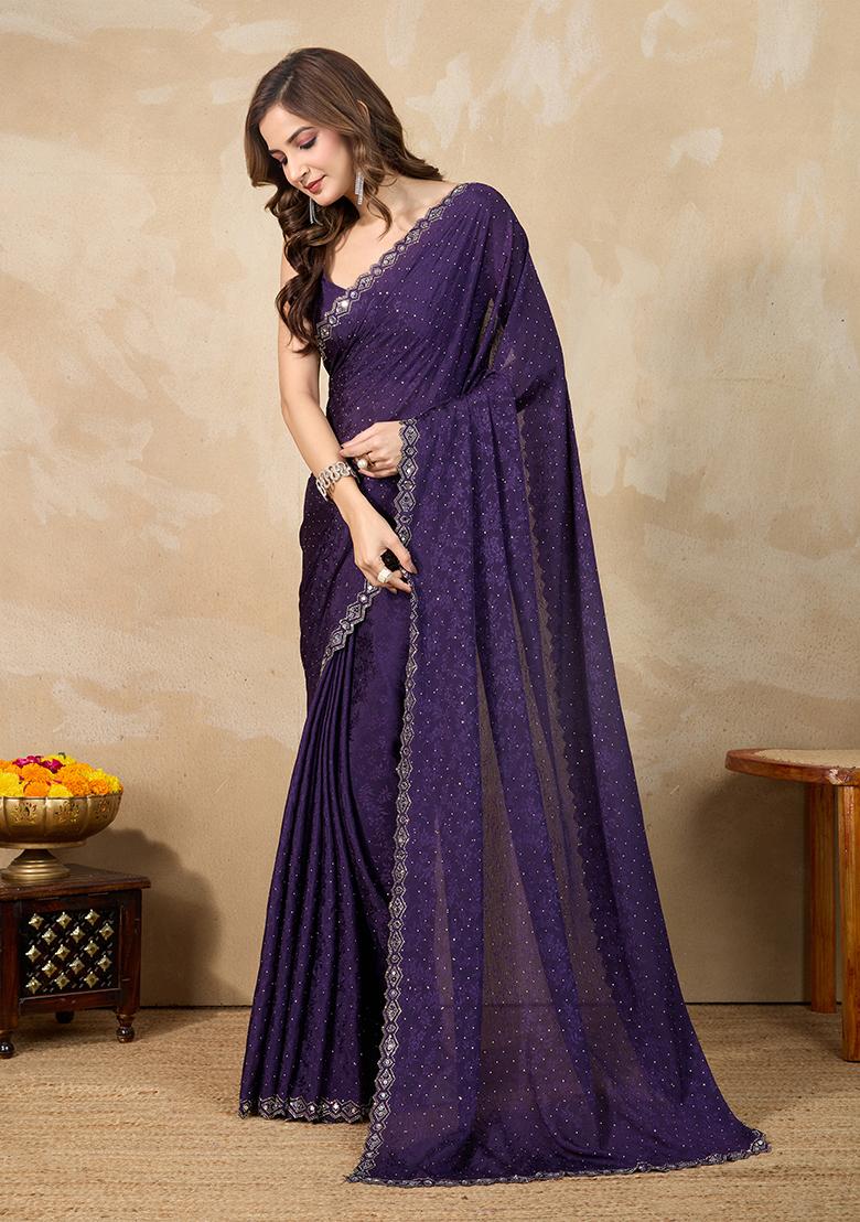 Purple Embroidered Art Silk Saree Set