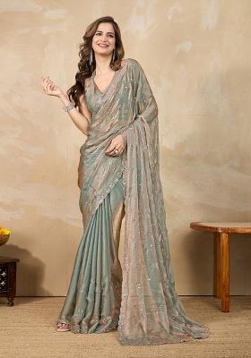 Steel Green Embroidered Satin Saree Set