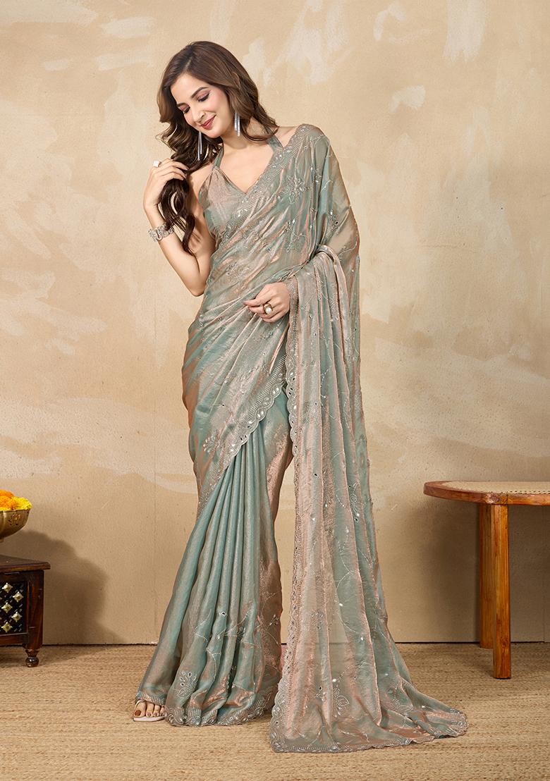Steel Green Embroidered Satin Saree Set