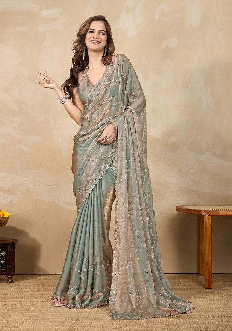 Steel Green Embroidered Satin Saree Set