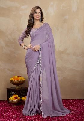 Purple Embroidered Tussar Silk Saree Set