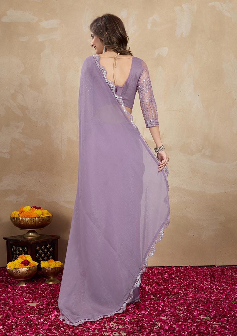 Purple Embroidered Tussar Silk Saree Set