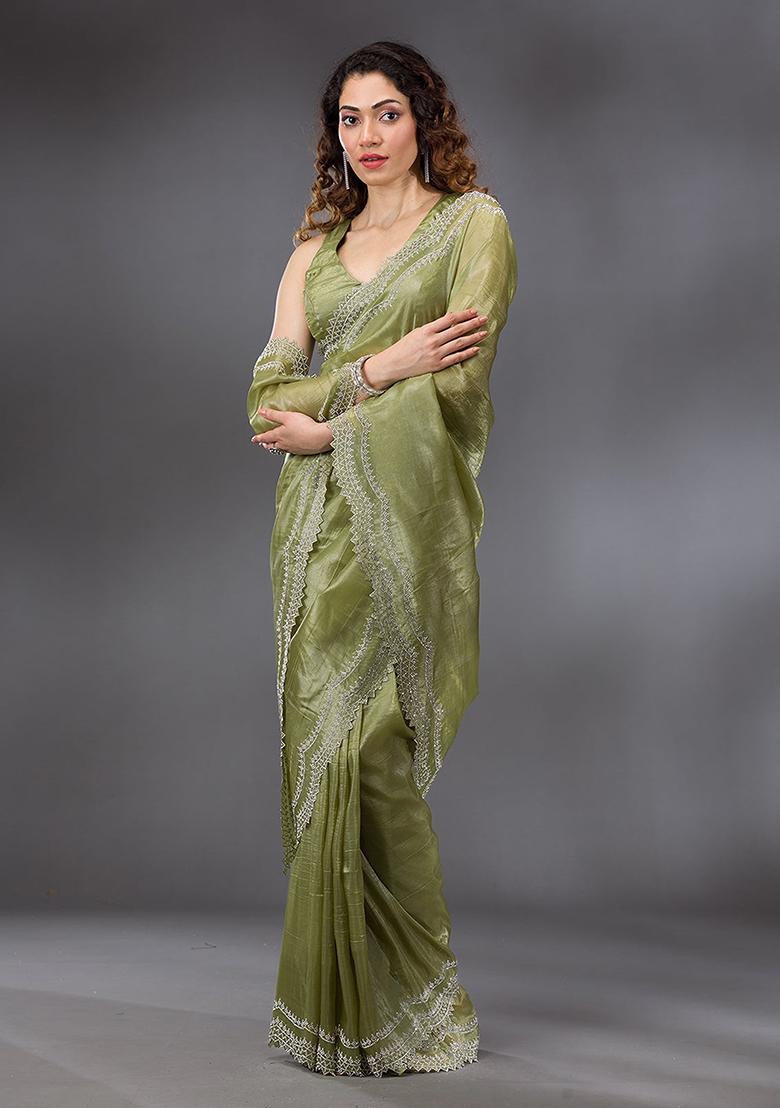 Mehendi Green Embroidered Tussar Silk Saree Set