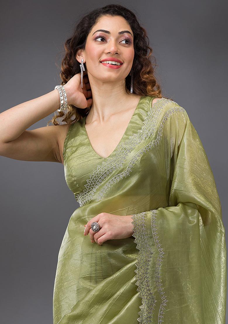 Mehendi Green Embroidered Tussar Silk Saree Set