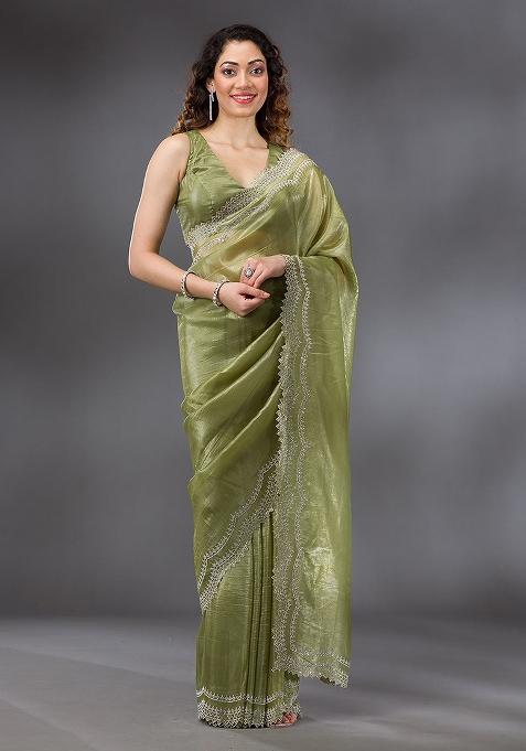 Mehendi Green Embroidered Tussar Silk Saree Set
