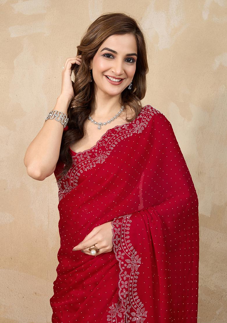 Red Embroidered Satin Saree Set