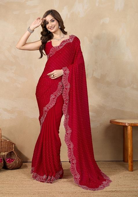 Red Embroidered Satin Saree Set