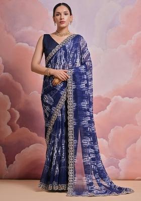 Blue Embroidered Georgette Saree Set
