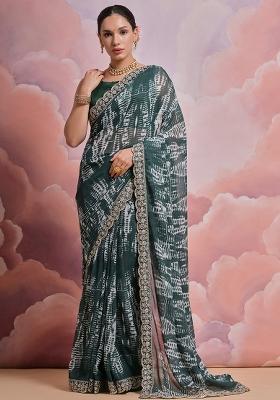 Dark Green Embroidered Georgette Saree Set