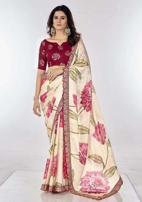 Cream Embroidered Chinon Saree Set