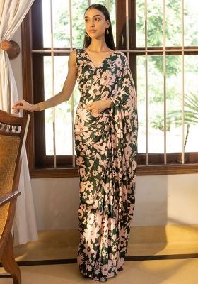 Green Floral Printed Satin Saree Set