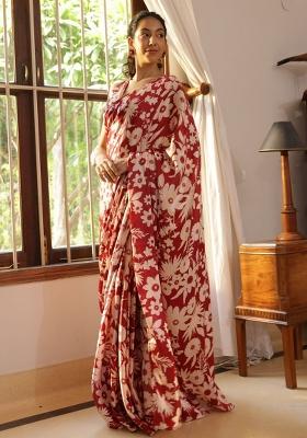 Red Floral Printed Satin Saree Set
