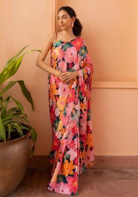 Pink Floral Printed Satin Saree Set