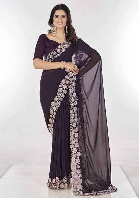 Dark Purple Embroidered Georgette Saree Set