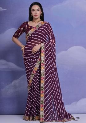 Purple Embroidered Georgette Saree Set