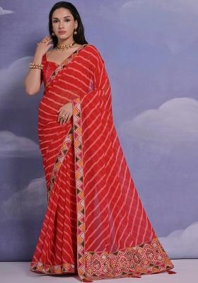 Red Embroidered Georgette Saree Set