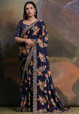 Blue Embroidered Chinon Saree Set