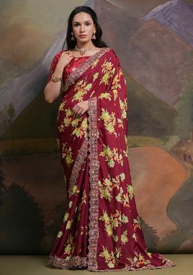 Maroon Embroidered Chinon Saree Set