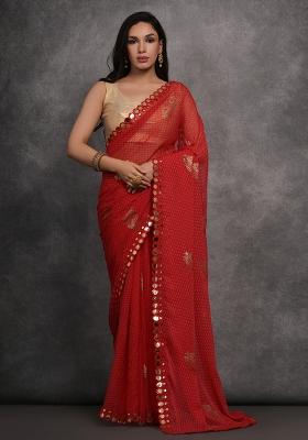 Red Foil Print Georgette Saree Set