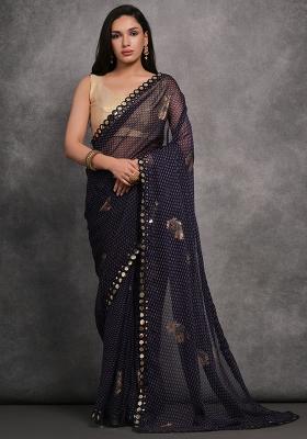 Navy Blue Foil Print Georgette Saree Set