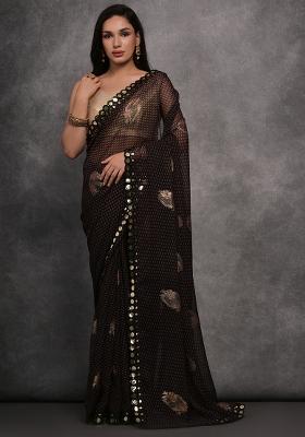 Black And Brown Foil Print Georgette Saree Set
