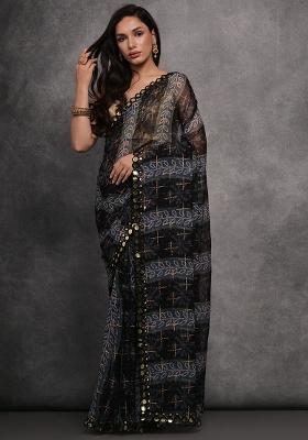 Black Foil Print Georgette Saree Set