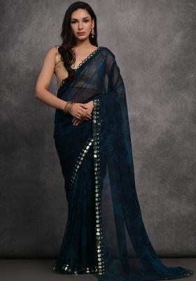 Dark Blue Printed Georgette Saree Set