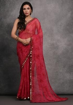 Pink Printed Georgette Saree Set