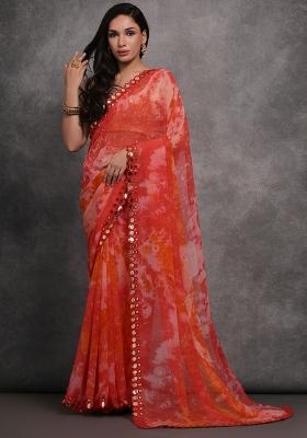 Red Printed Georgette Saree Set