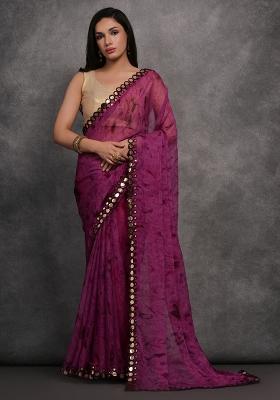 Purple Printed Georgette Saree Set