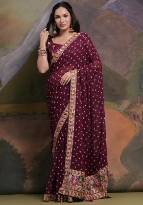 Purple Embroidered Georgette Saree Set