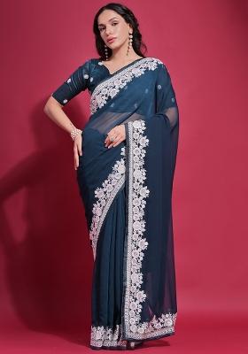 Blue Embroidered Georgette Saree Set