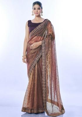 Brown Embroidered Net Saree Set
