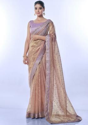 Beige Embroidered Net Saree Set