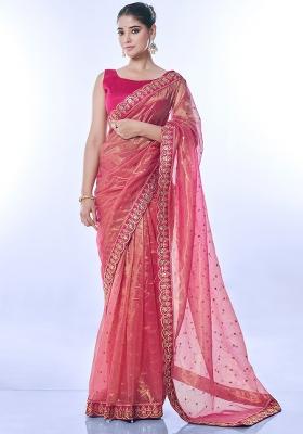 Pink Embroidered Net Saree Set